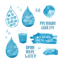 Watercolor Set Of Blue Stain, Water Drops And Mineral Elements In Water, Isolated On White Background. Hand Drawn Illustration. Perfect For Brochure,  Booklet