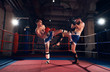 Two adult sportsmen kickboxers exercising kickboxing in the ring at the sport club