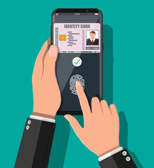 Poster - Electronic password. Password and fingerprint security authorization. Hand with smartphone id card application. Access control machine, time attendance. Proximity card reader. Flat vector illustration