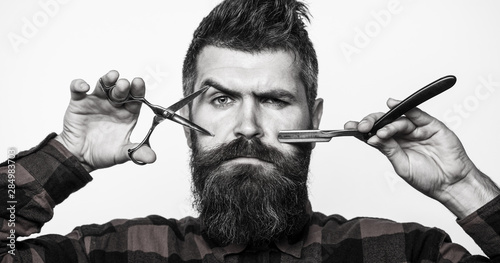 Barber Scissors Mens Haircut Man In Barbershop Bearded Man