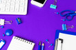 Leinwandbild Motiv Composition of office lifestyle items on  purple background, computer keyboard office supplies on desk in office