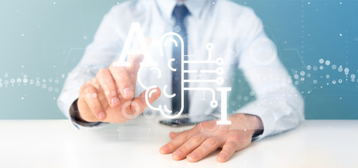 Poster - business man holding artificial intelligence icon with half brain and half circuit 3d rendering