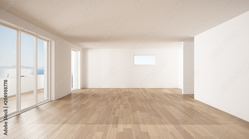 Empty room interior design, open space with big panoramic window, balcony on sea panoramic view, parquet wooden floor, modern contemporary architecture - obrazy, fototapety, plakaty 