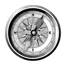 Antique Engraving Illustration Of Vintage Compass Black And White Clip Art Isolated On White Background,Compass Of Travel And Sea Way