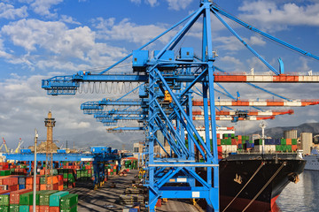 Shipping and container terminal in the port of Genoa , Italy