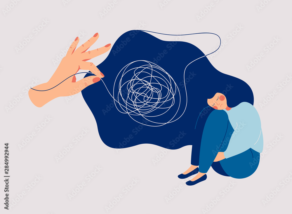 Psychotherapy and psychology help with depressive disorders. Helping hand unravels the tangle of thoughts of a woman suffering from prolonged sadness, fatigue, chronic pain, headaches or stomachaches. - obrazy, fototapety, plakaty 