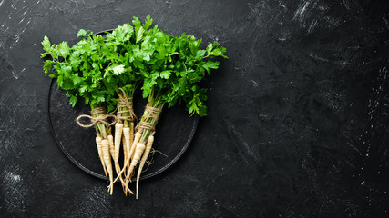 Wall Mural - Root parsley and parsley on a black background. Top view. Free space for your text.