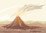 Volcano eruption of orange lava flows down the hill and stones flying in the air, nature disaster deserted place without water and without plants, climate change concept illustration