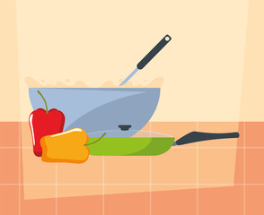 Wall Mural - bowl saucepan and pepper preparation cooking flat design