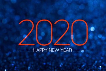 Poster - Happy new year 2020 with dark navy blue glitter bokeh light sparkling background,Holiday celebration festive greeting card