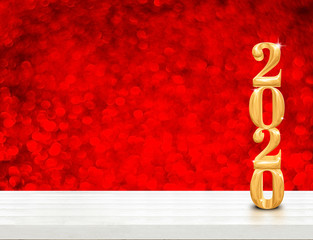 Poster - 2020 happy new year wood (3d rendering) on white wood table with sparkling gold bokeh wall,leave space for display or montage of design or content