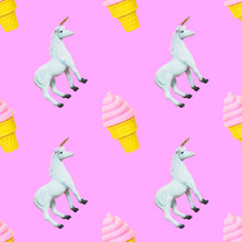 Seamless Pattern Of White Unicorns And Ice Cream In Waffle Cone On Pink Background