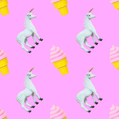 Wall Mural - seamless pattern of white unicorns and ice cream in waffle cone on pink background