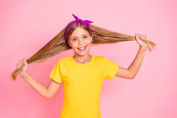 Sticker - Close-up portrait of her she nice-looking groomed attractive perfect pretty shine cheerful cheery pre-teen girl wearing yellow t-shirt silky keratin hair isolated over pink pastel background