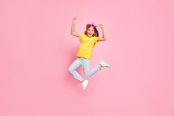 Sticker - Full length body size view of her she nice attractive lovely ecstatic cheerful cheery pre-teen girl wearing yellow t-shirt having fun free time rejoicing isolated over pink pastel background