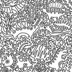  Endless background with cartoon dinosaurs. Doodle sketch style, graphic illustration