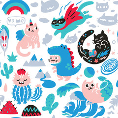 Wall Mural - Seamless pattern with different hand drawn kawaii cats, mermaid, unicorn, dinosaur and super hero. Vector illustration