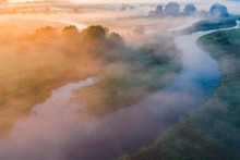 Fairy Misty Morning Over River In Countryside. Temperature Drop Concept