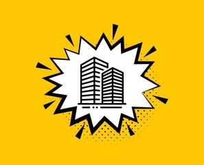 Poster - skyscraper buildings line icon. comic speech bubble. city architecture sign. town symbol. yellow bac