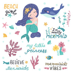 Wall Mural - Set of mermaid, sea animals and lettering