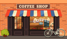 Vintage Coffee Shop Store Facade With Storefront Large Window