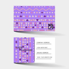 Business card. With purple vintage elements desing. And inspiration from abstract. On white background. Glossy plastic style. 