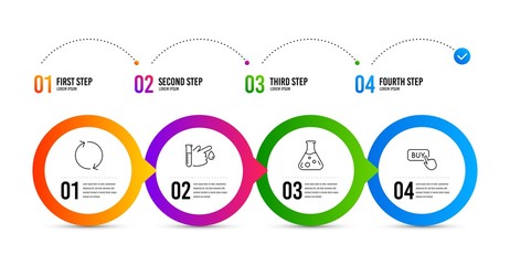 Naklejka na meble Refresh, Blood donation and Chemistry lab line icons set. Timeline infographic. Buy button sign. Rotation, Medicine analyze, Laboratory. Online shopping. Refresh icon. Timeline diagram. Vector