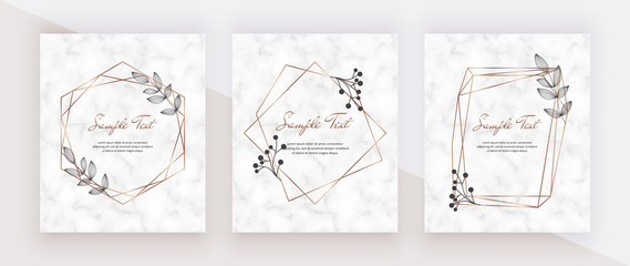 Wedding invitation marble cards with golden geometric polygonal lines frames and black leaves. Decorative lines borders. Template for blog posts, banner, card, save the date, poster, flyer	