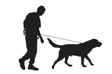Vector Silhouette Of Man Who Walk With His Dog With Leash On White Badkground. Symbol Of Animal, Pet, Friends,walk.