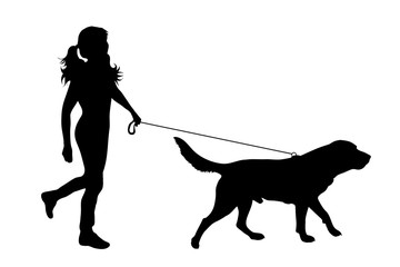 Wall Mural - Vector silhouette of child who walk with her dog with leash on white badkground. Symbol of animal, pet, friends,walk.