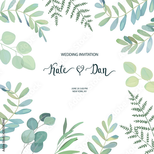 Greenery floral card with eucalyptus branch. Vector botanical illustration. W...