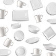 Kitchen tableware items pattern, vector illustration. Ceramic utensils or crockery - cups, dishes, saucers and plates for home. White shining kitchen tableware.