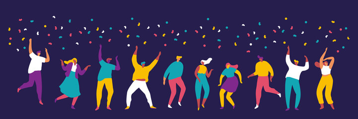 Party, celebration, event horizontal banner. Young People dancing and have fun. Friendship. Student party. Male and female flat characters isolated  on dark background.	