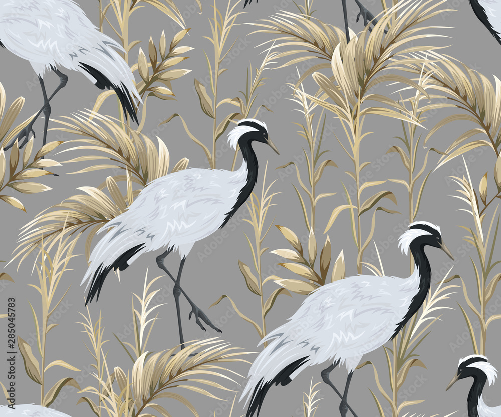 Papel de parede Seamless pattern with japanese cranes and golden reeds