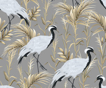 Seamless Pattern With Japanese Cranes And Golden Reeds
