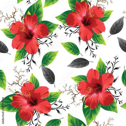 beautiful hibiscus flower with leave seamless pattern design