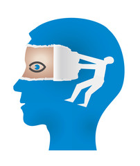  Open your eyes ,discovering and uncovering concept. Male head in profile and male silhouette ripping paper and uncovering eye. Vector available.