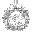 Christmas wreath. Coloring page. Doodle pattern with cute sleeping kitten and a bow
