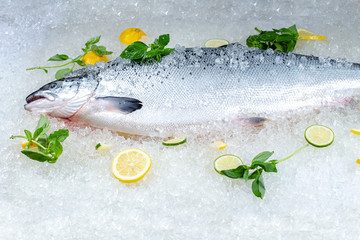 fresh red whole fish, lies on ice, headless, with green basil, light