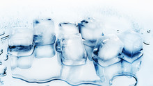 Ice Cubes On White Glass Mirror Background With Reflection Close Up Top View, Transparent Frozen Crushed Blue Ice Cubes, Clear Melted Spilled Cool Water Drops, Cold Fresh Drinks Ingredient, Copy Space