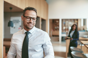 Mature businessman smiling while working in a modern office