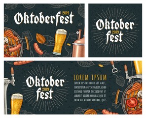 Horizontal poster to oktoberfest 2019 festival. Vintage color vector engraving