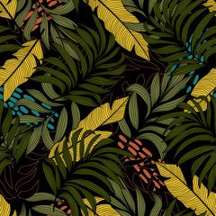 Wall Mural - Original abstract seamless pattern with colorful tropical leaves and plants on a dark background. Vector design.Exotic tropics. Summer. Jungle print. Floral background.