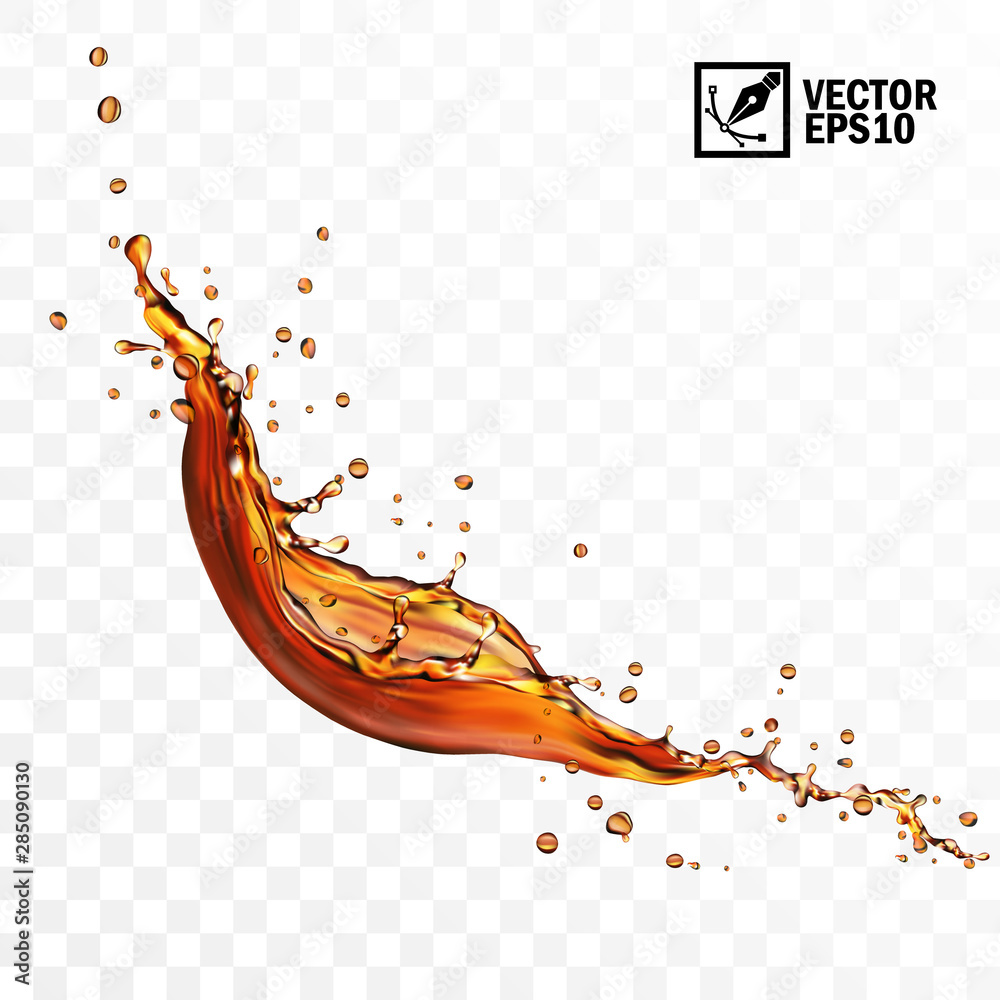 Realistic transparent isolated vector falling splash of tea, coffe or cola - obrazy, fototapety, plakaty 