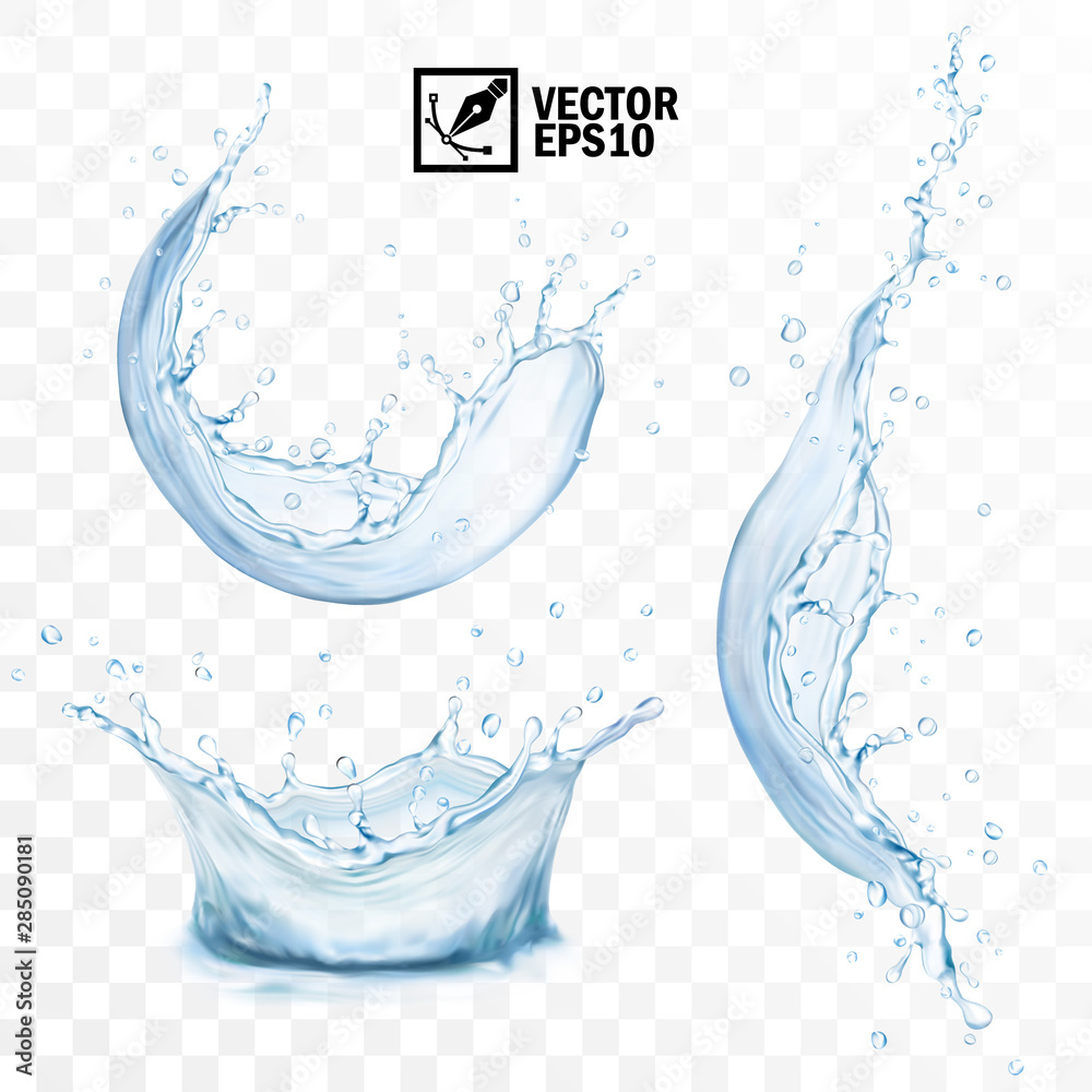 Realistic transparent isolated vector set splash of water with drops, a splash of falling water, a splash in the form of a crown, a splash in the form of a circle - obrazy, fototapety, plakaty 