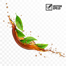Realistic Transparent Isolated Vector Falling Splash Of Tea With Leaves, Editable Handmade Mesh