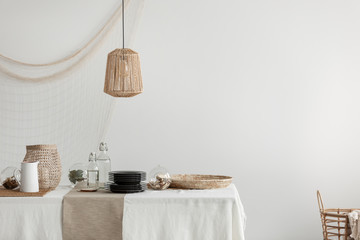 Wall Mural - dining room with wicker lamp, tray and basket
