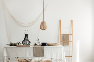Wall Mural - wooden ladder in real photo of dining room