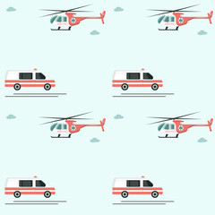 Transport Ambulance - helicopter and car - modern pattern - vector.