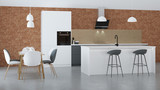Fototapeta Panele - The interior of the kitchen in a private house. White - gray Scandinavian style kitchen. 3D rendering.